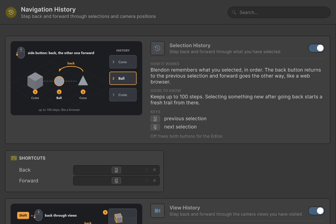 Blendon settings window, Navigation History page