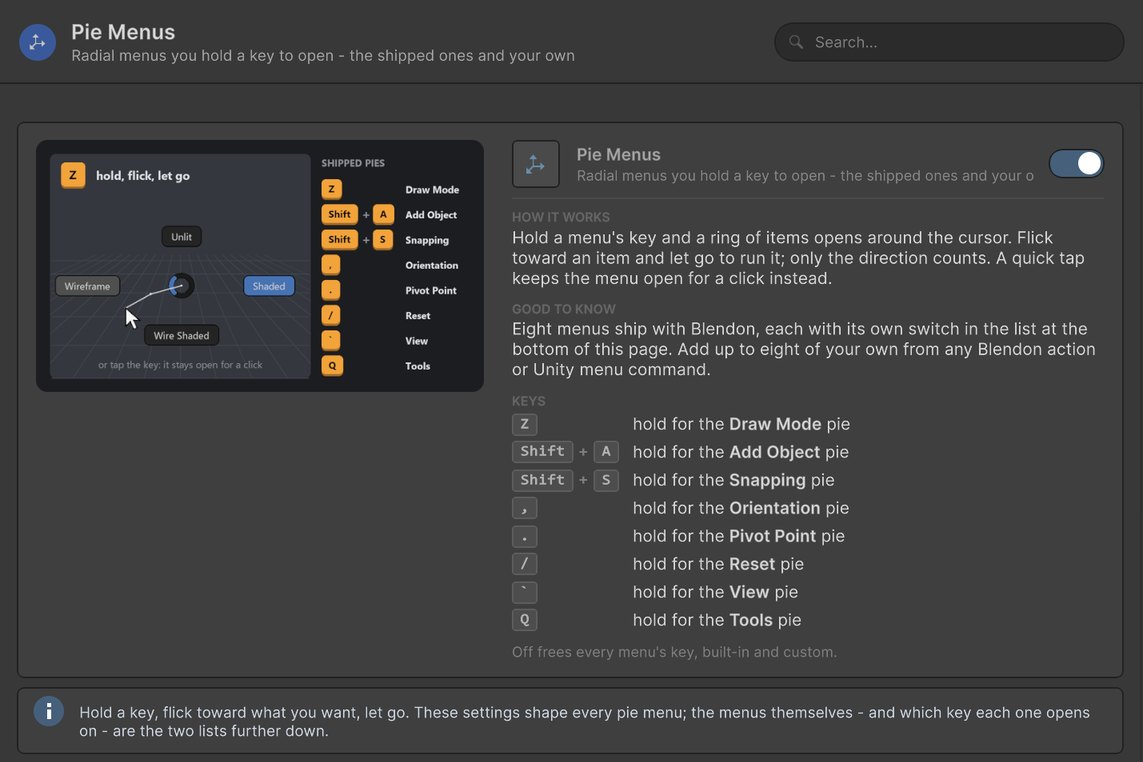 Blendon settings window, Pie Menus page