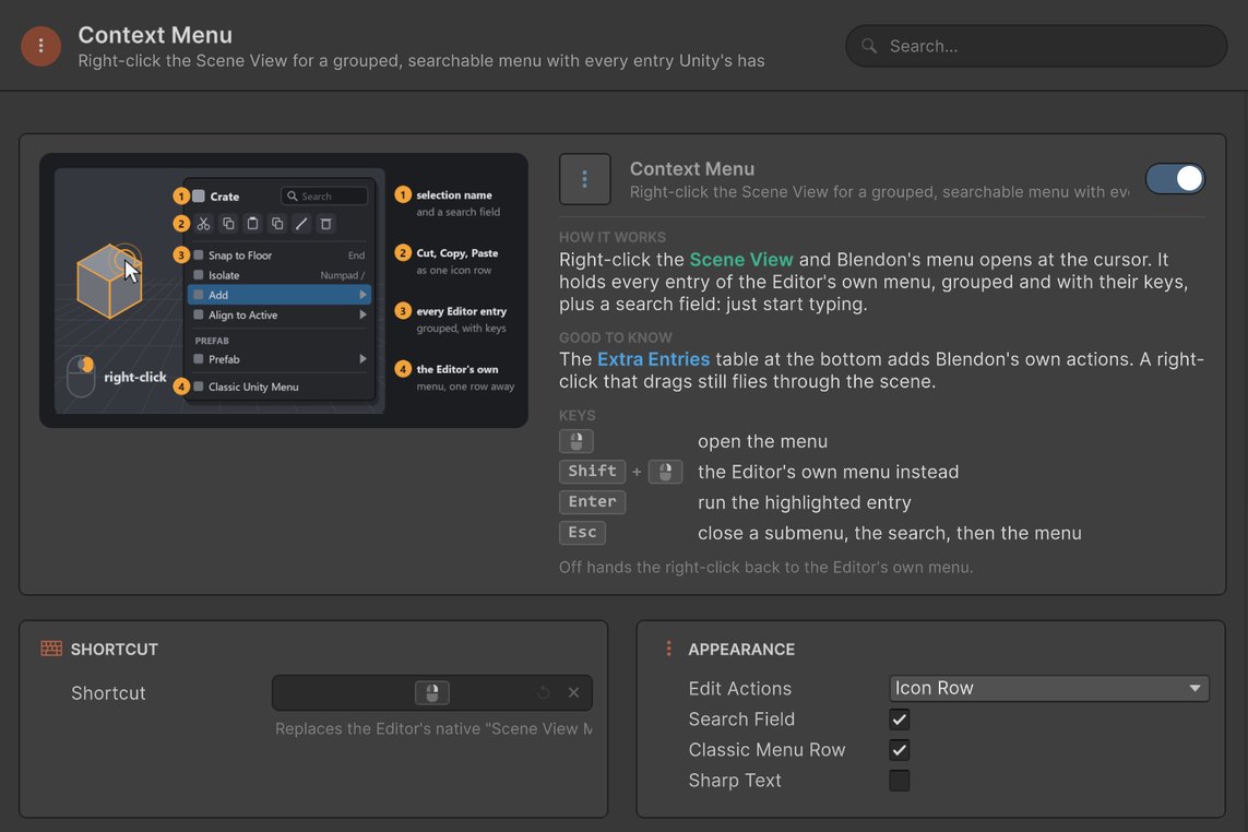 Blendon settings window, Context Menu page