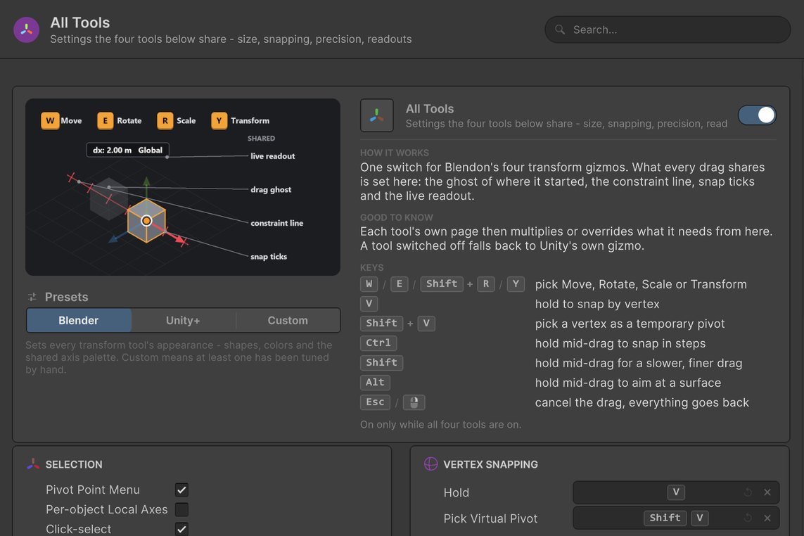 Blendon settings window, All Tools page