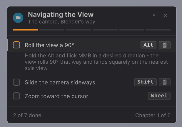Tutorial card in the Scene view, chapter one with two of seven tasks done